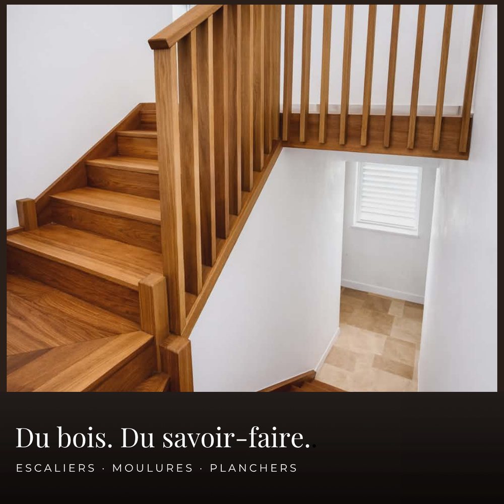 Publicité de Réno & Finition Franc : un escalier en bois et le texte « Du bois. Du savoir-faire. »